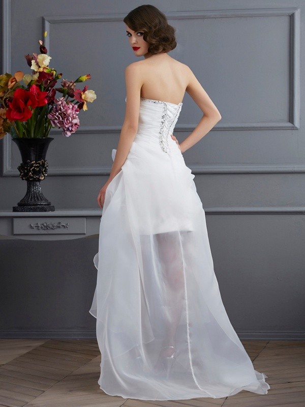 A-Line/Princess Sweetheart Sleeveless Beading High Low Organza Wedding Dresses 963