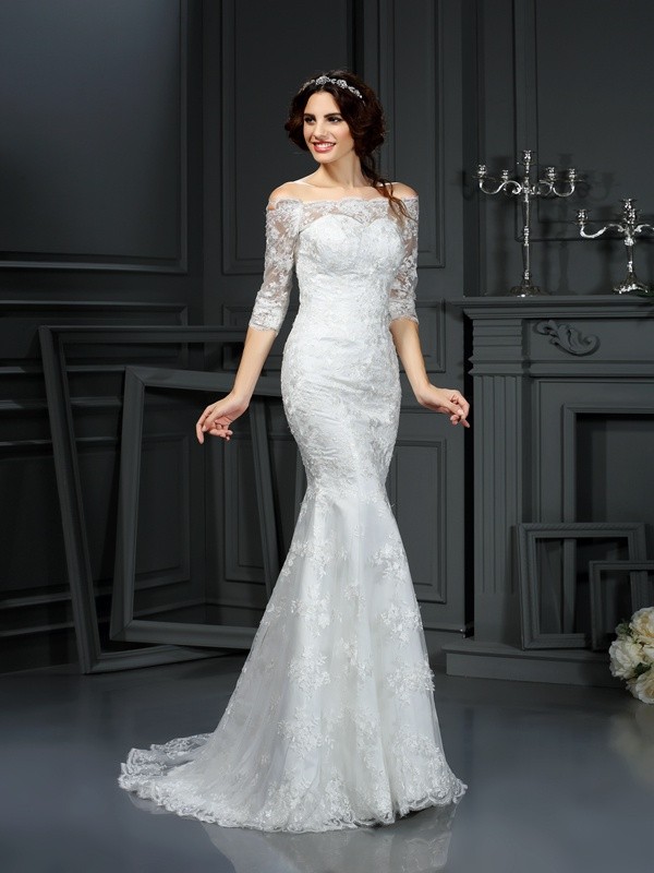 Sheath/Column Off-the-Shoulder Lace 1/2 Sleeves Long Lace Wedding Dresses 1406