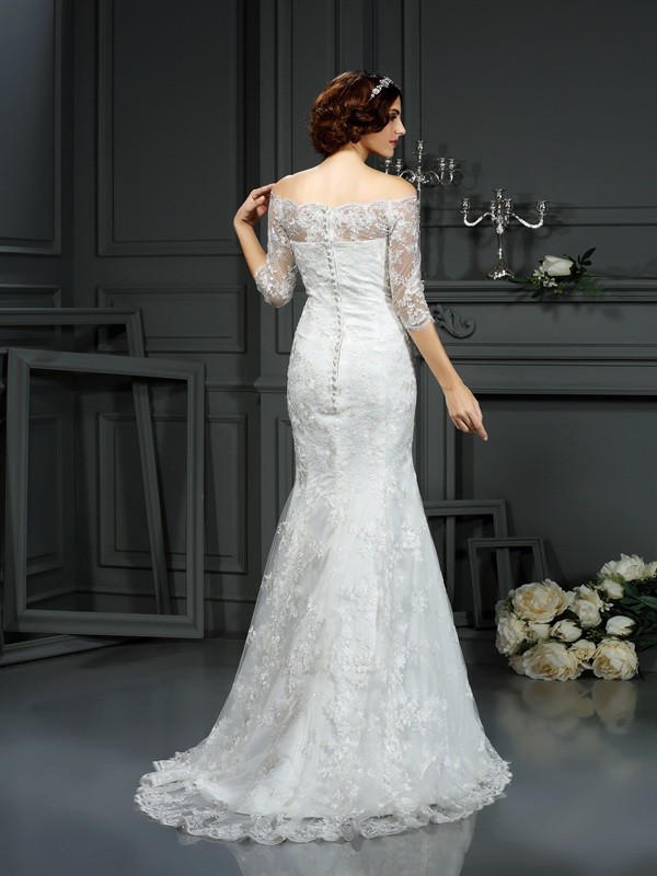 Sheath/Column Off-the-Shoulder Lace 1/2 Sleeves Long Lace Wedding Dresses 1406