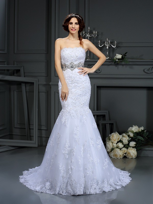 Trumpet/Mermaid Strapless Beading Sleeveless Long Lace Wedding Dresses 2015