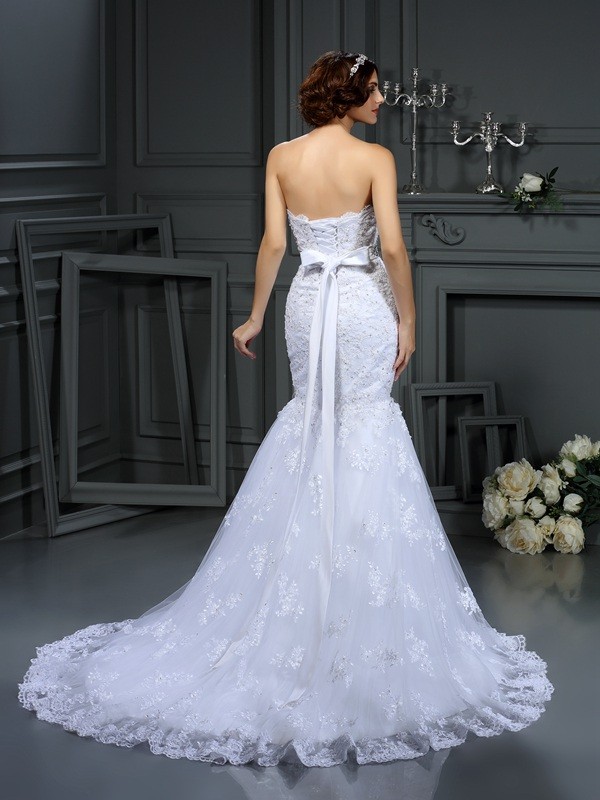 Trumpet/Mermaid Strapless Beading Sleeveless Long Lace Wedding Dresses 2015