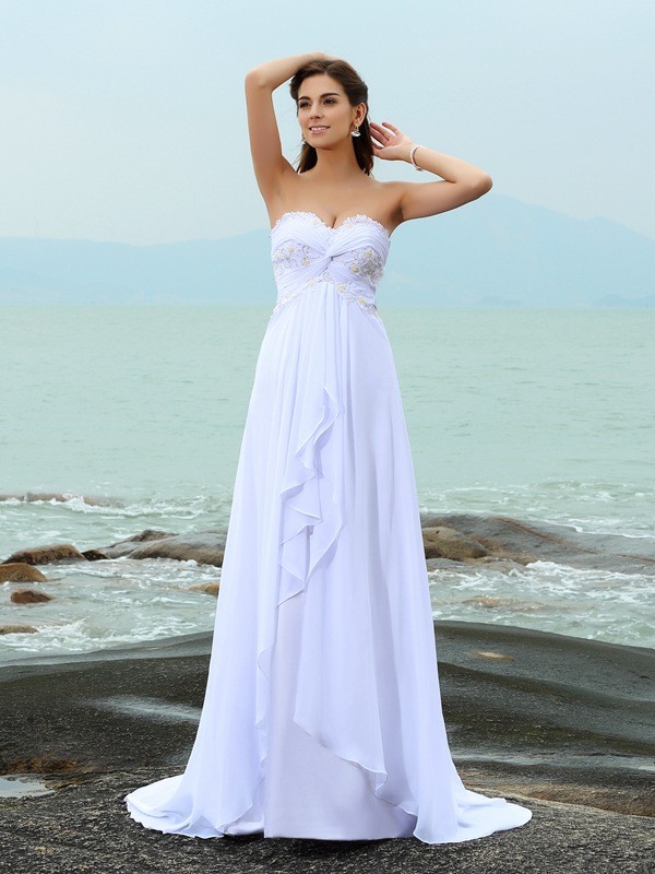 A-Line/Princess Sweetheart Beading Sleeveless Long Chiffon Beach Wedding Dresses 1830