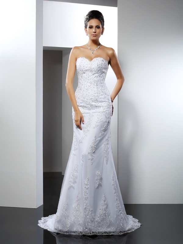 Trumpet/Mermaid Sweetheart Lace Sleeveless Long Satin Wedding Dresses 2036