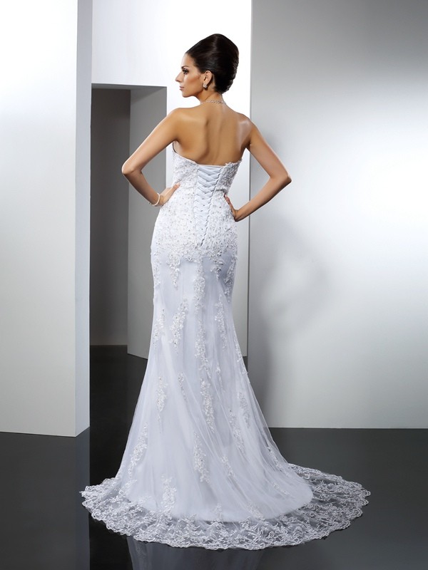 Trumpet/Mermaid Sweetheart Lace Sleeveless Long Satin Wedding Dresses 2036