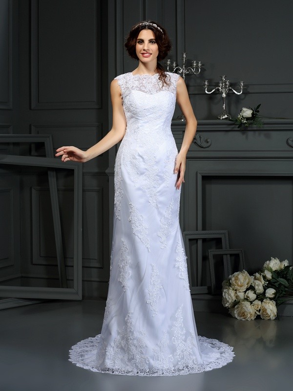 Sheath/Column High Neck Lace Sleeveless Long Lace Wedding Dresses 1959