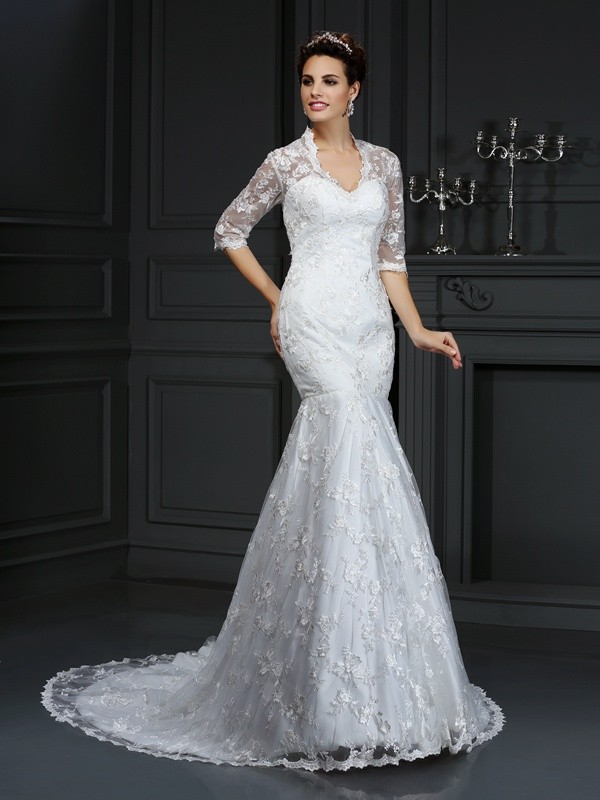 Trumpet/Mermaid V-neck Lace 1/2 Sleeves Long Lace Wedding Dresses 2045