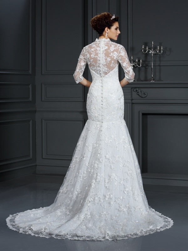 Trumpet/Mermaid V-neck Lace 1/2 Sleeves Long Lace Wedding Dresses 2045