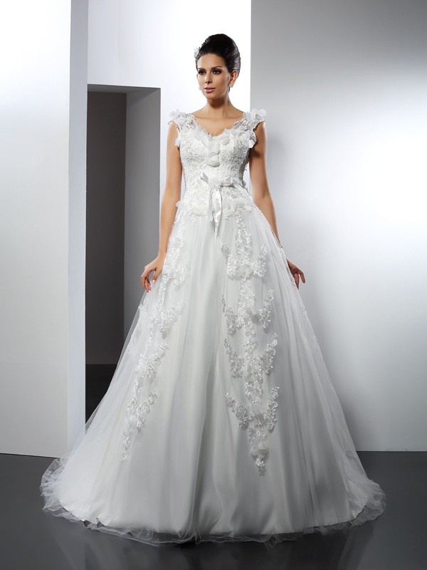 A-Line/Princess Straps Lace Sleeveless Long Satin Wedding Dresses 1824