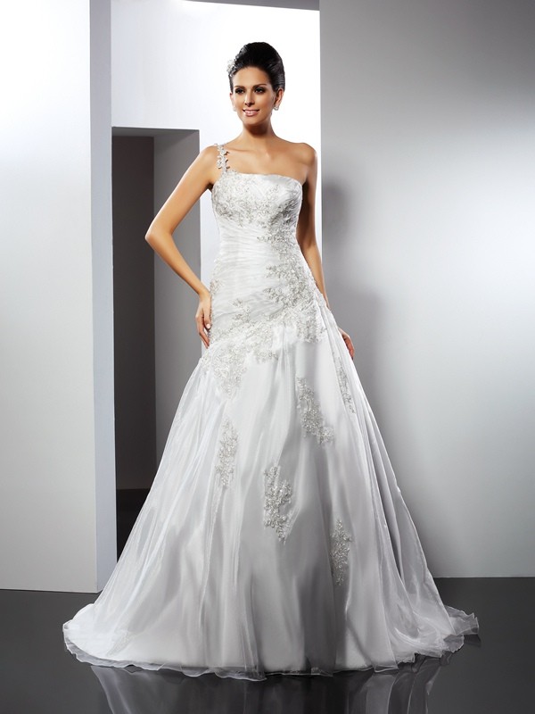 A-Line/Princess One-Shoulder Applique Sleeveless Long Satin Wedding Dresses 1791