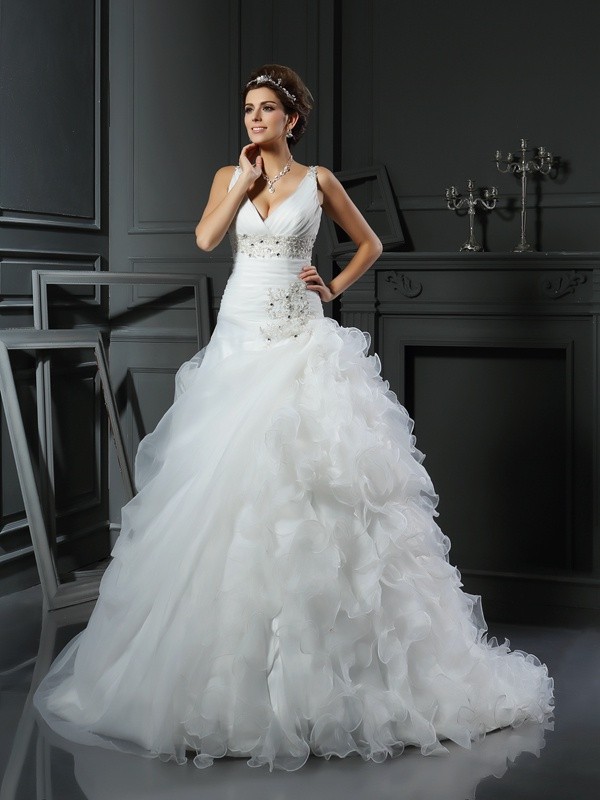 Ball Gown V-neck Ruffles Sleeveless Long Organza Wedding Dresses 1951