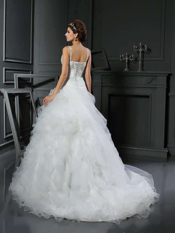 Ball Gown V-neck Ruffles Sleeveless Long Organza Wedding Dresses 1951