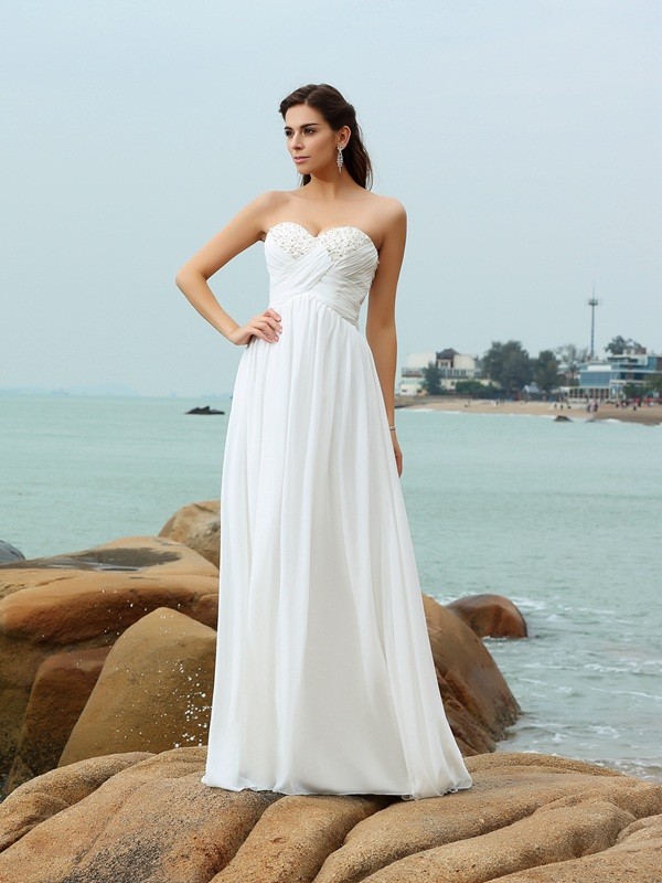 A-Line/Princess Sweetheart Beading Sleeveless Long Chiffon Beach Wedding Dresses 1831