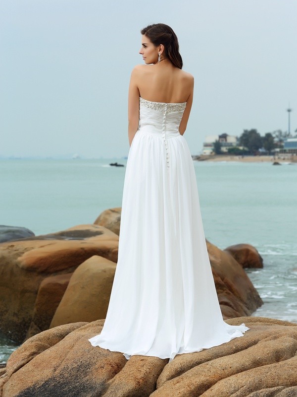 A-Line/Princess Sweetheart Beading Sleeveless Long Chiffon Beach Wedding Dresses 1831