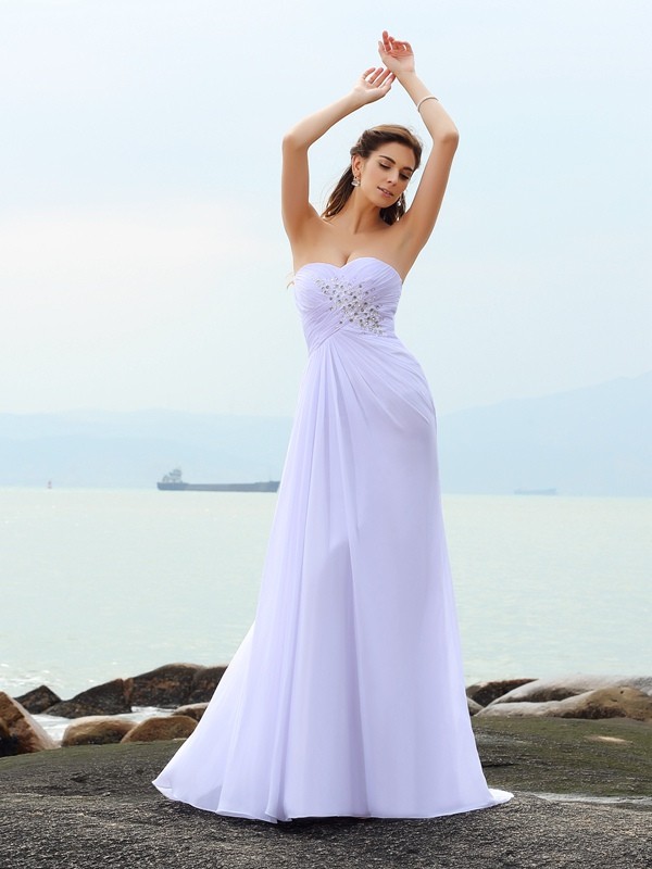 Sheath/Column Sweetheart Beading Sleeveless Long Chiffon Beach Wedding Dresses 1980