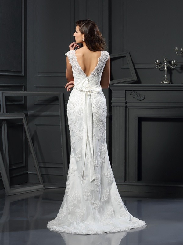 A-Line/Princess Bateau Lace Sleeveless Long Satin Wedding Dresses 1761