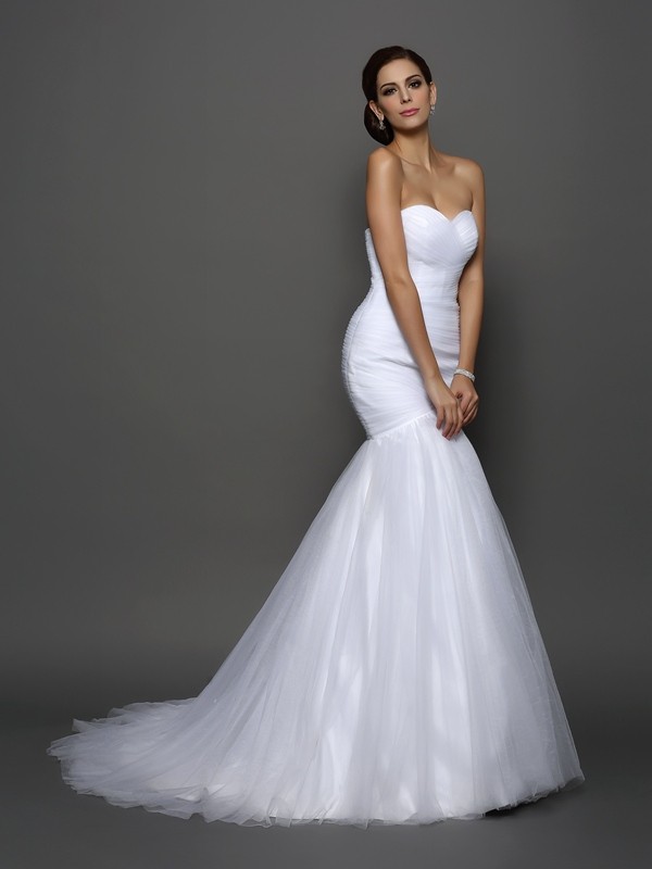 Trumpet/Mermaid Sweetheart Pleats Sleeveless Long Net Wedding Dresses 2038