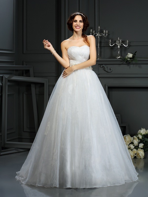 A-Line/Princess Sweetheart Applique Sleeveless Long Organza Wedding Dresses 1827