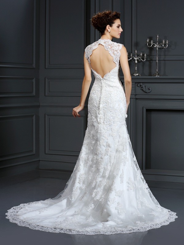 Sheath/Column V-neck Beading Sleeveless Long Lace Wedding Dresses 1988