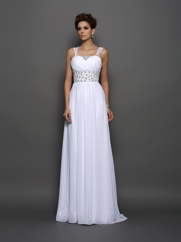 A-Line/Princess Straps Beading Sleeveless Long Chiffon Wedding Dresses 932