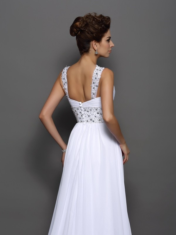 A-Line/Princess Straps Beading Sleeveless Long Chiffon Wedding Dresses 932