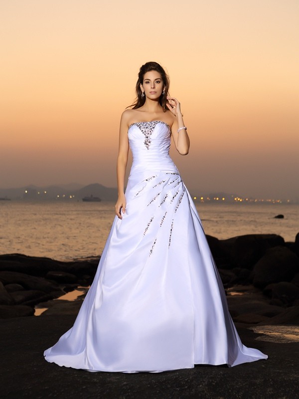 A-Line/Princess Strapless Beading Sleeveless Long Satin Beach Wedding Dresses 1812