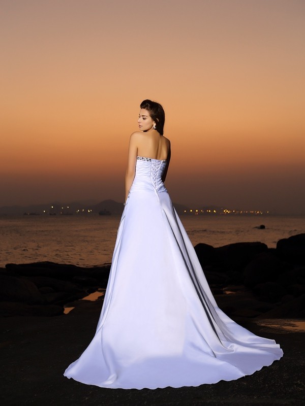 A-Line/Princess Strapless Beading Sleeveless Long Satin Beach Wedding Dresses 1812