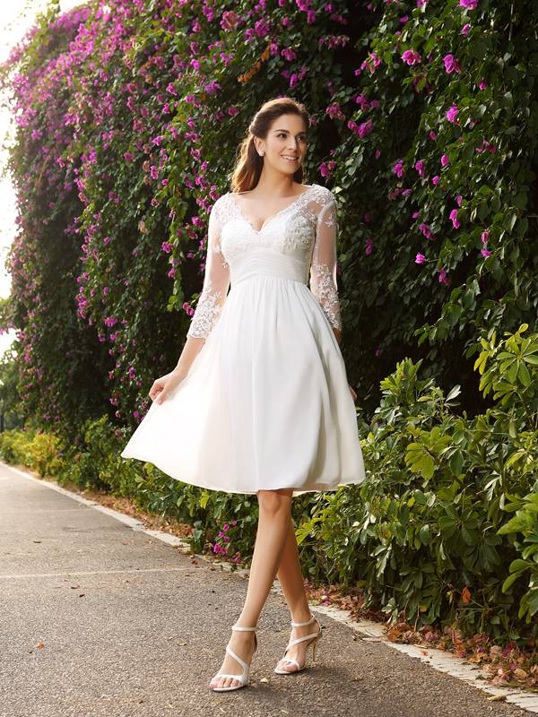 A-Line/Princess V-neck 3/4 Sleeves Short Chiffon Wedding Dresses 1121