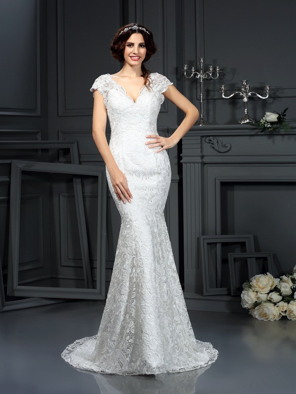 Trumpet/Mermaid V-neck Lace Sleeveless Long Lace Wedding Dresses 2046