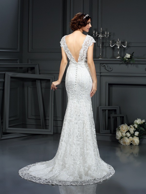 Trumpet/Mermaid V-neck Lace Sleeveless Long Lace Wedding Dresses 2046