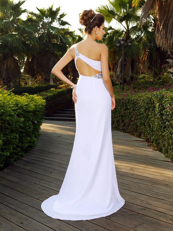 A-Line/Princess One-Shoulder Beading Sleeveless Long Chiffon Wedding Dresses 1794