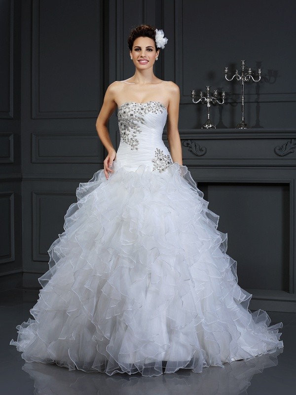 Ball Gown Strapless Beading Sleeveless Long Organza Wedding Dresses 1913