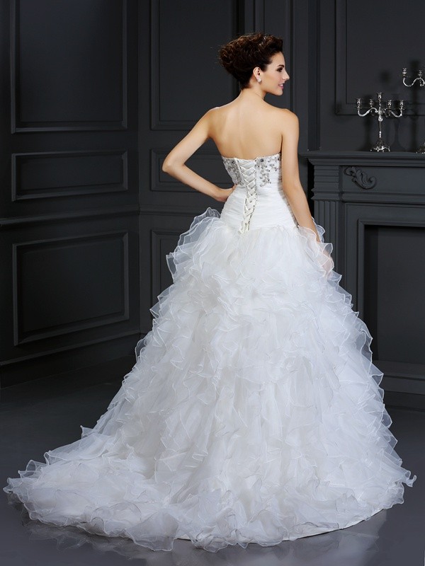 Ball Gown Strapless Beading Sleeveless Long Organza Wedding Dresses 1913