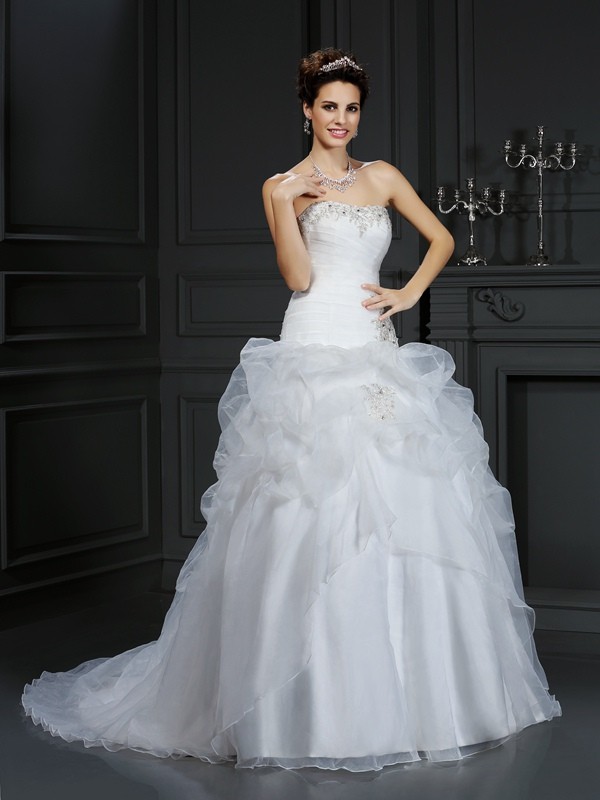 Ball Gown Strapless Beading Sleeveless Long Organza Wedding Dresses 1914