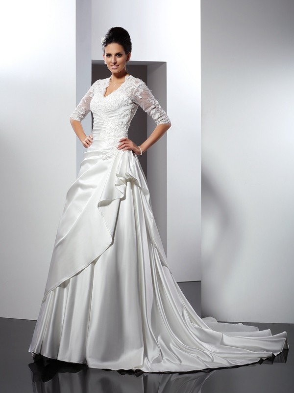 A-Line/Princess V-neck Applique 1/2 Sleeves Long Satin Wedding Dresses 1860