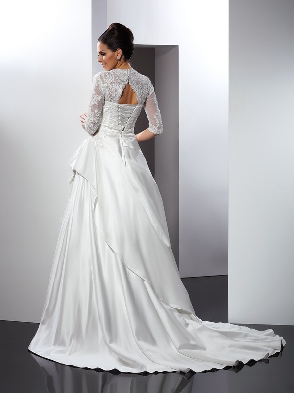 A-Line/Princess V-neck Applique 1/2 Sleeves Long Satin Wedding Dresses 1860