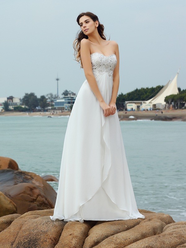 A-Line/Princess Sweetheart Beading Sleeveless Long Chiffon Beach Wedding Dresses 1832