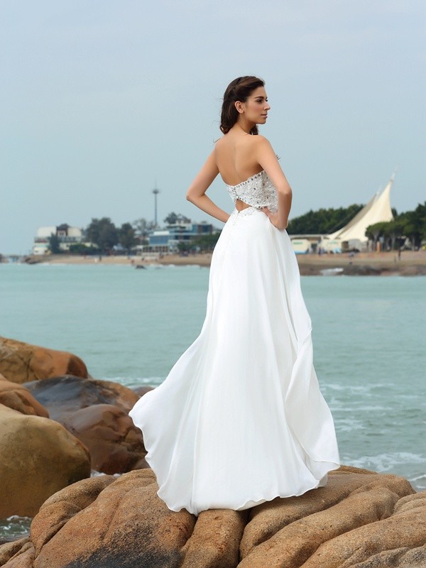 A-Line/Princess Sweetheart Beading Sleeveless Long Chiffon Beach Wedding Dresses 1832