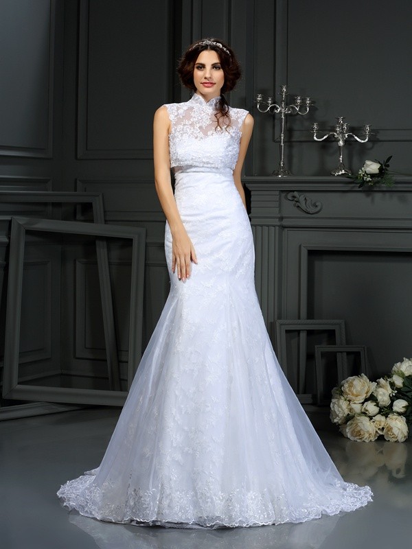 Trumpet/Mermaid Sweetheart Lace Sleeveless Long Satin Wedding Dresses 2037