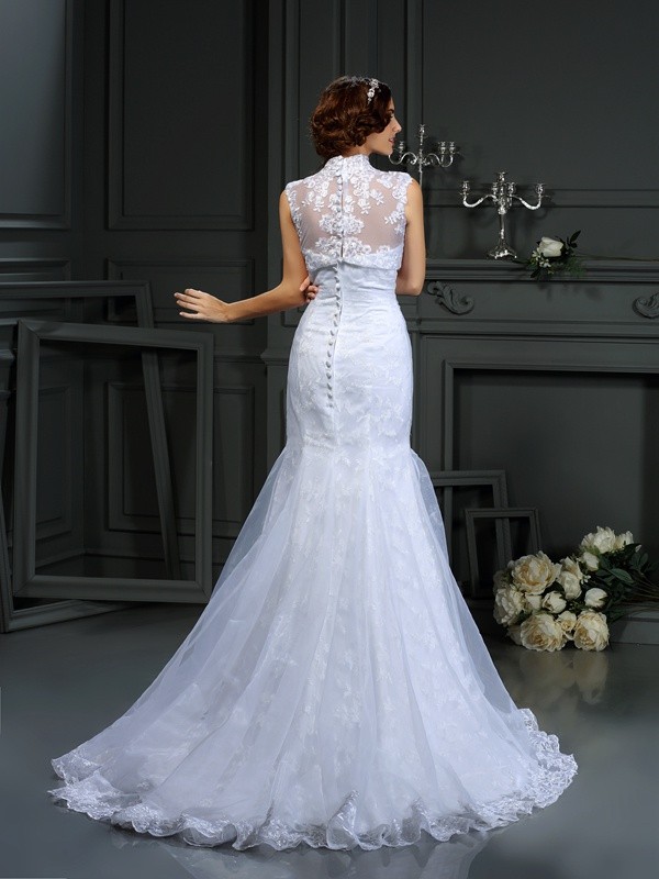 Trumpet/Mermaid Sweetheart Lace Sleeveless Long Satin Wedding Dresses 2037