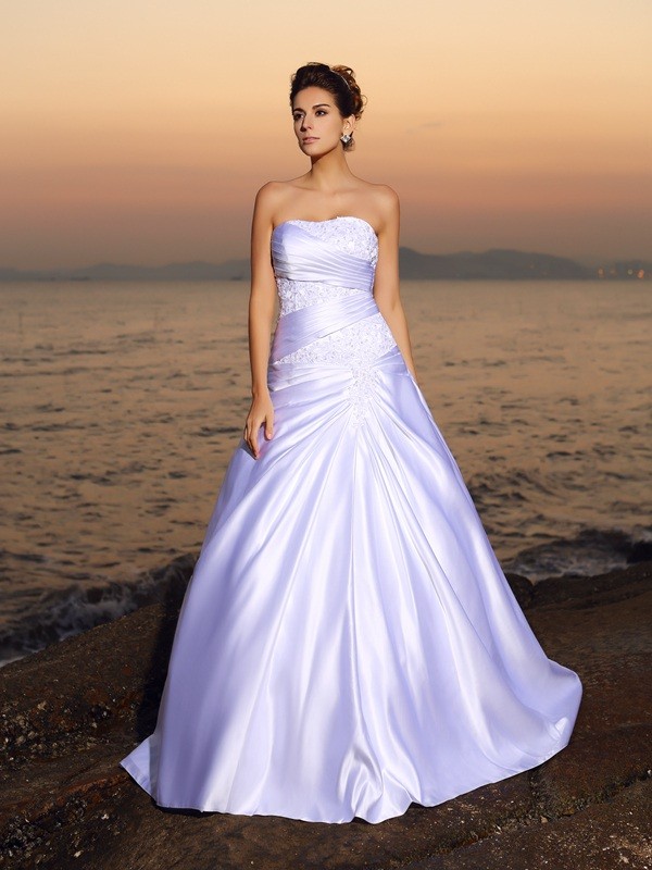 Ball Gown Strapless Beading Sleeveless Long Satin Beach Wedding Dresses 1265