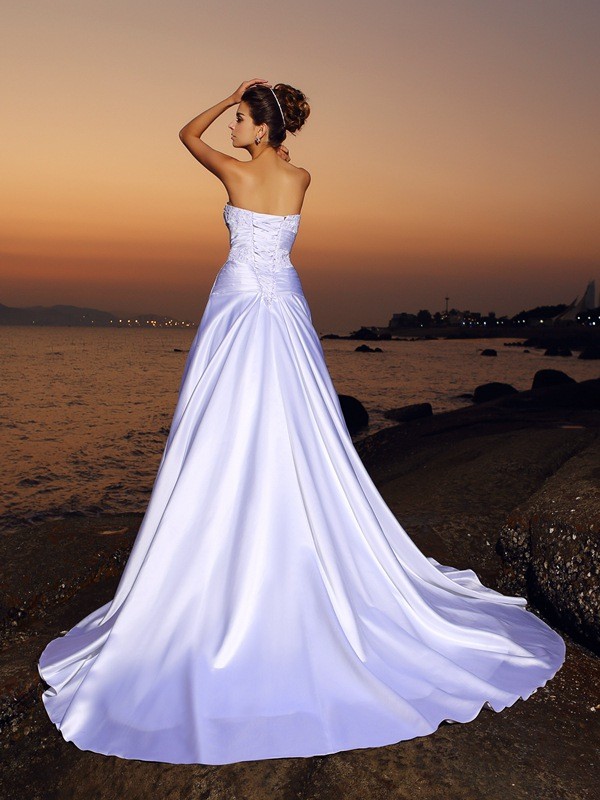 Ball Gown Strapless Beading Sleeveless Long Satin Beach Wedding Dresses 1265