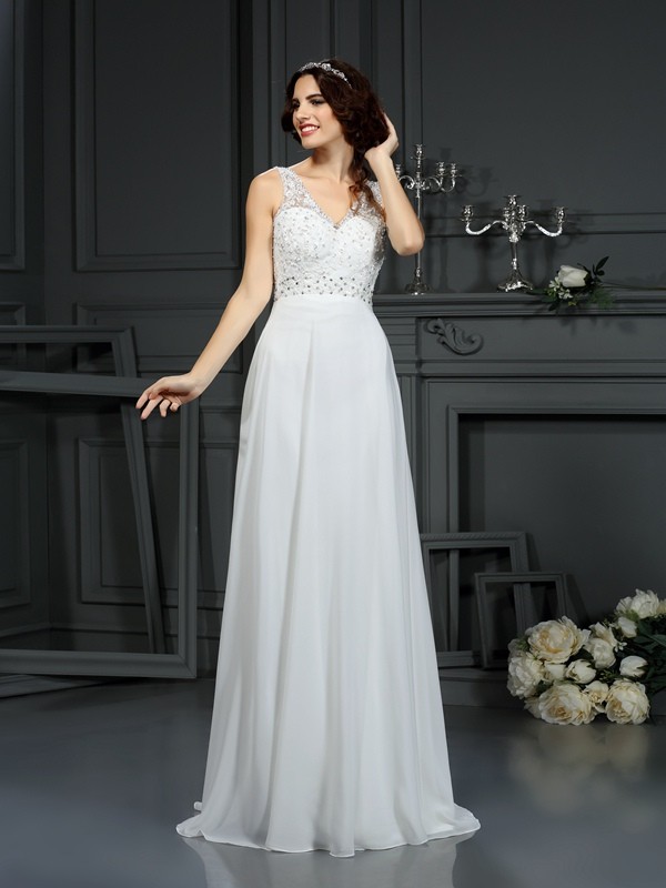 A-Line/Princess V-neck Lace Sleeveless Long Chiffon Wedding Dresses 1870