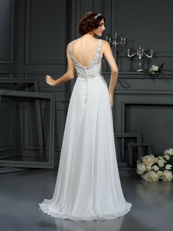 A-Line/Princess V-neck Lace Sleeveless Long Chiffon Wedding Dresses 1870