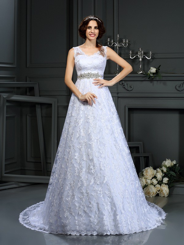 A-Line/Princess V-neck Lace Sleeveless Long Satin Wedding Dresses 1871