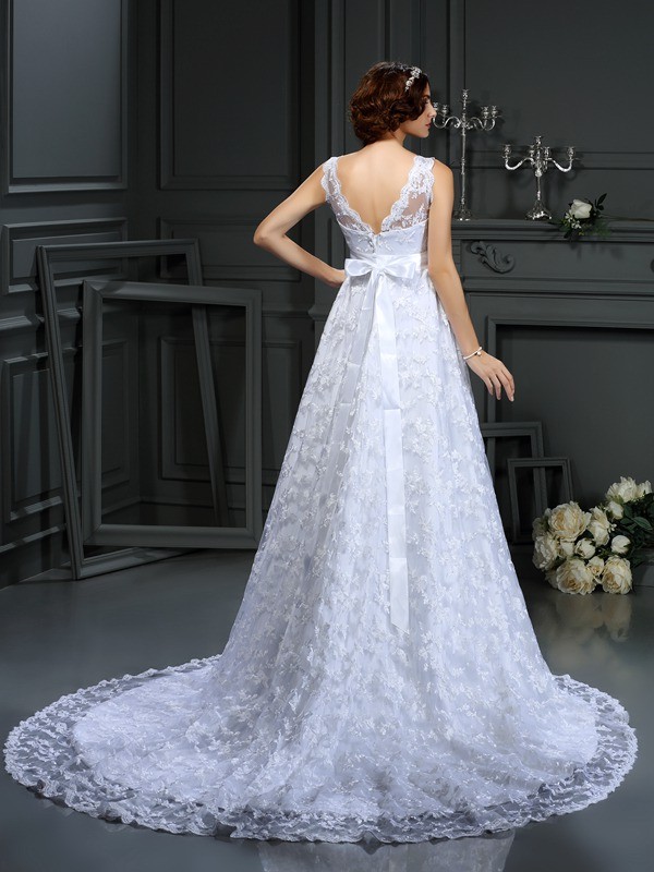 A-Line/Princess V-neck Lace Sleeveless Long Satin Wedding Dresses 1871