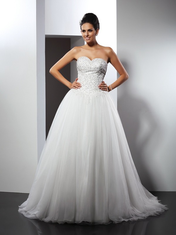 A-Line/Princess Sweetheart Applique Sleeveless Long Net Wedding Dresses 1826