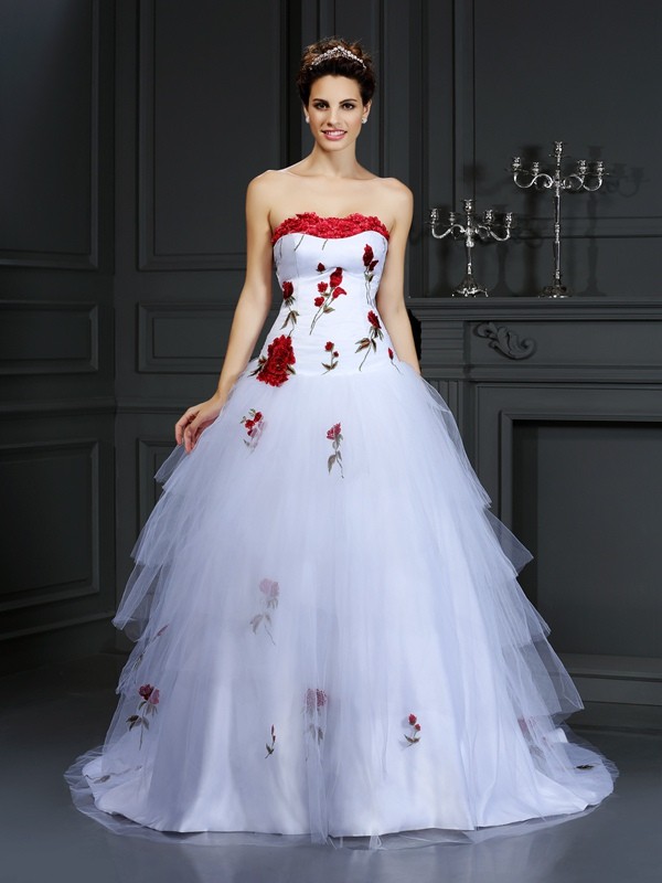 Ball Gown Strapless Hand-Made Flower Sleeveless Long Tulle Wedding Dresses 1920