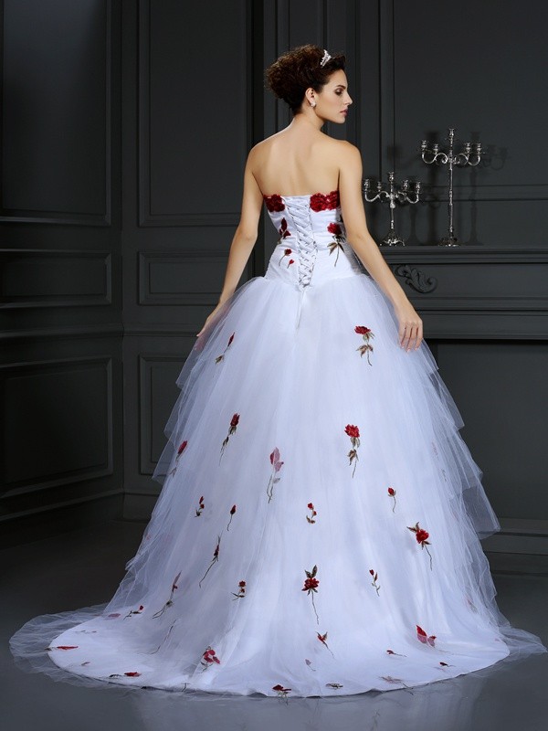 Ball Gown Strapless Hand-Made Flower Sleeveless Long Tulle Wedding Dresses 1920