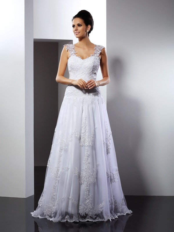 A-Line/Princess Straps Applique Sleeveless Long Lace Wedding Dresses 1820