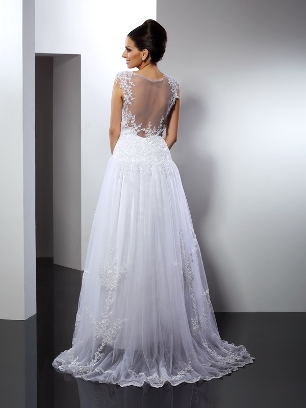 A-Line/Princess Straps Applique Sleeveless Long Lace Wedding Dresses 1820